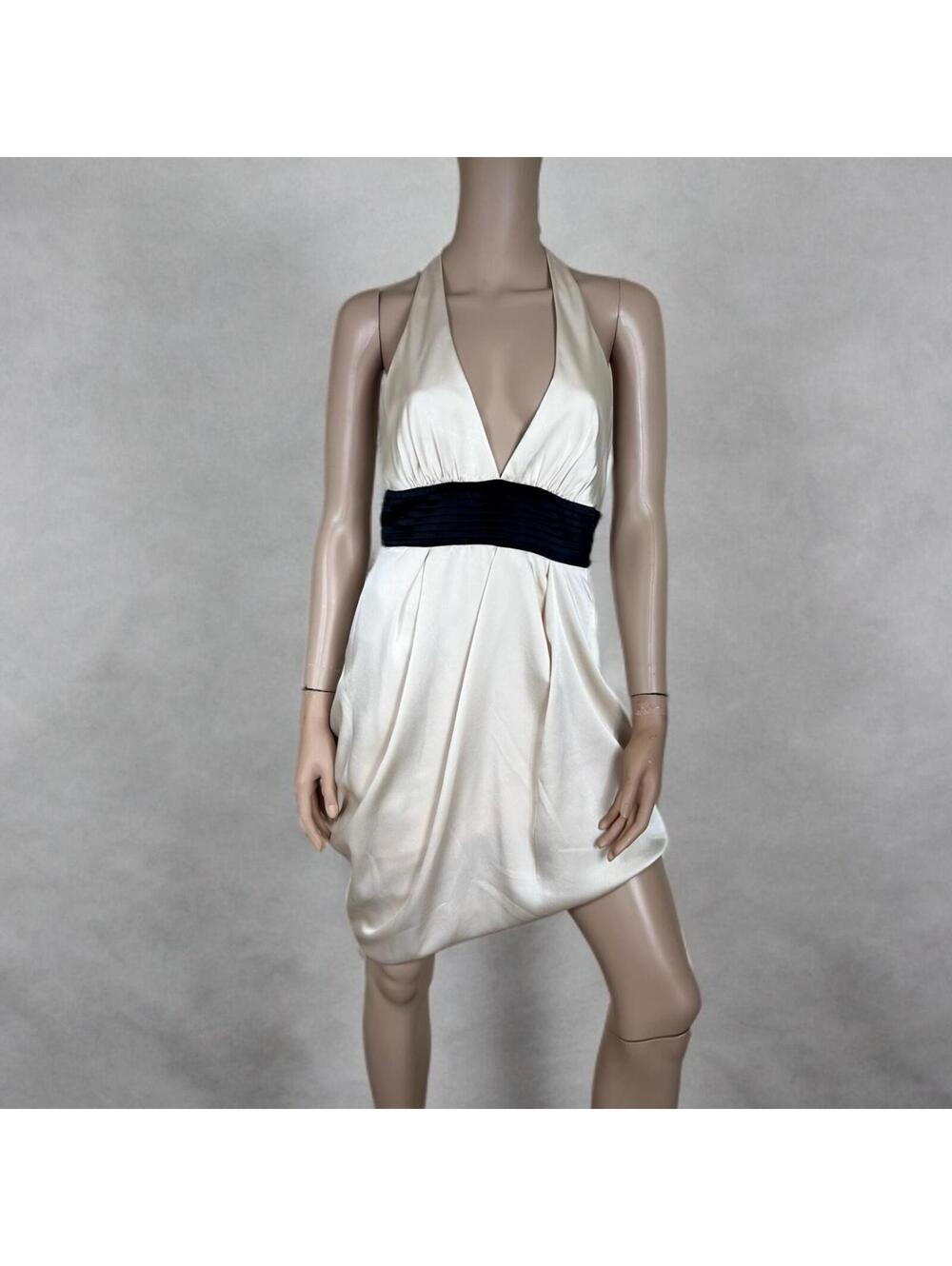 BCBG Cream White Black Waistband 100% Silk Halter Pleated Party Dress Y2K